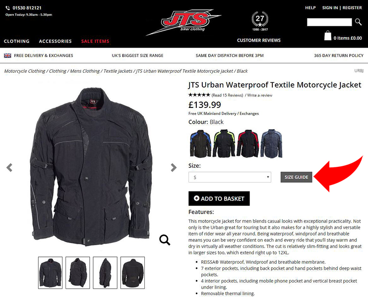 JTS size guide example